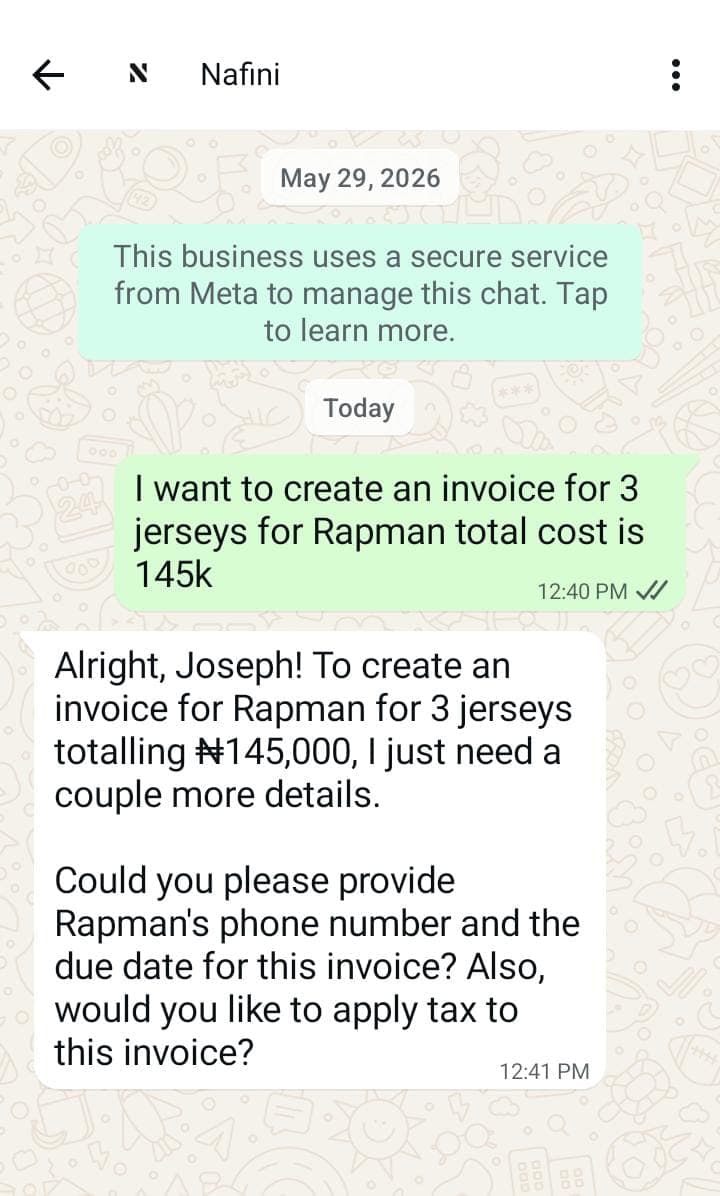 Invoicing on Nafini WhatsApp
